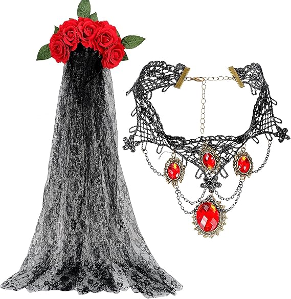 2 Pieces Day of The Dead Veil Headband Headpiece Mexican Headband Rose Floral Crown Veil and Lace Choker Lace Rhinestone Necklace Halloween Costume