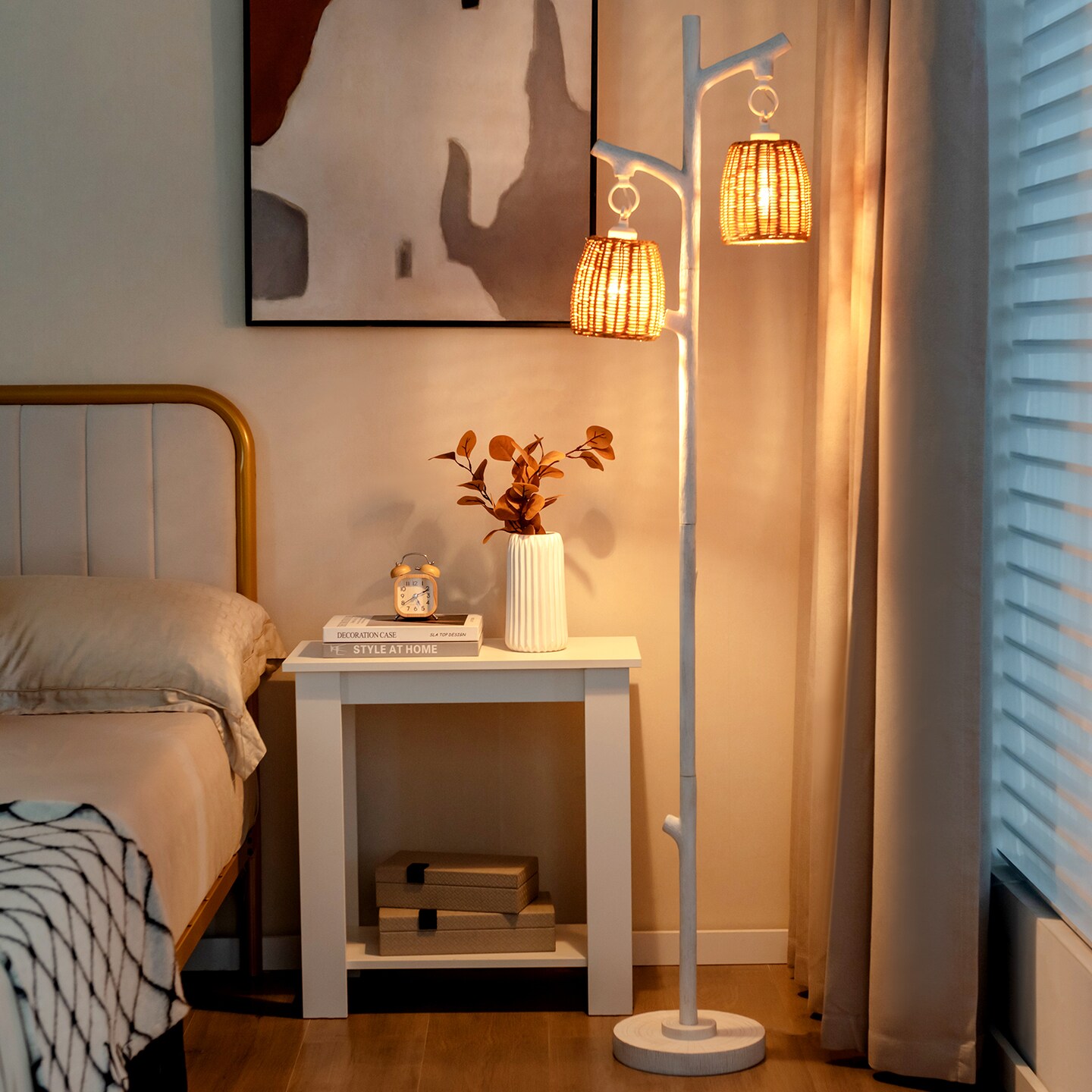 2 Light Tree Trunk Floor Lamps with Wicker Shade and Foot Switch Dimmer