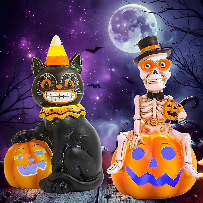 2-Pack Vintage Halloween Decorations - 4.7&#x27;&#x27; Resin Skeleton Gentleman &#x26; Black Cat Figurine with Flickering Pumpkin Lights - Halloween Table Decor Indoor Ornaments Gifts (Jack-O&#x2019;-Lantern)