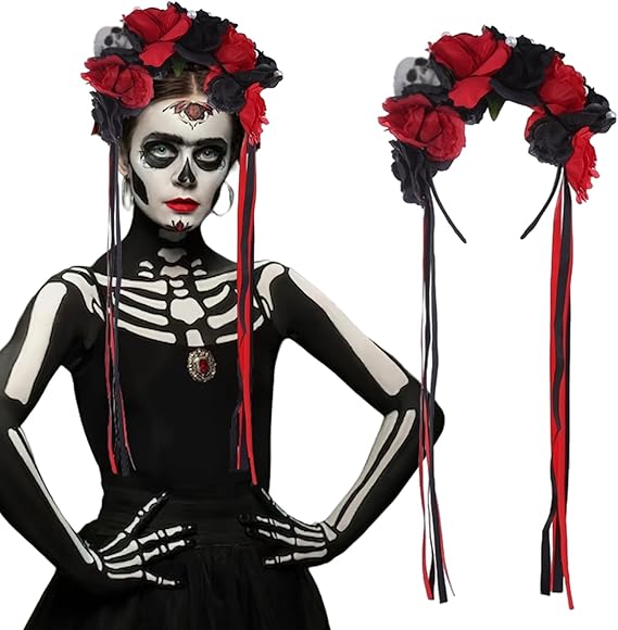 Flower Day of the Dead Rose Headbands Halloween Skull Mexican Black Red Rose Floral Crown with Ribbon Gothic Headpiece for Women Girls Halloween Costume Bridal Cosplay Party Headwear