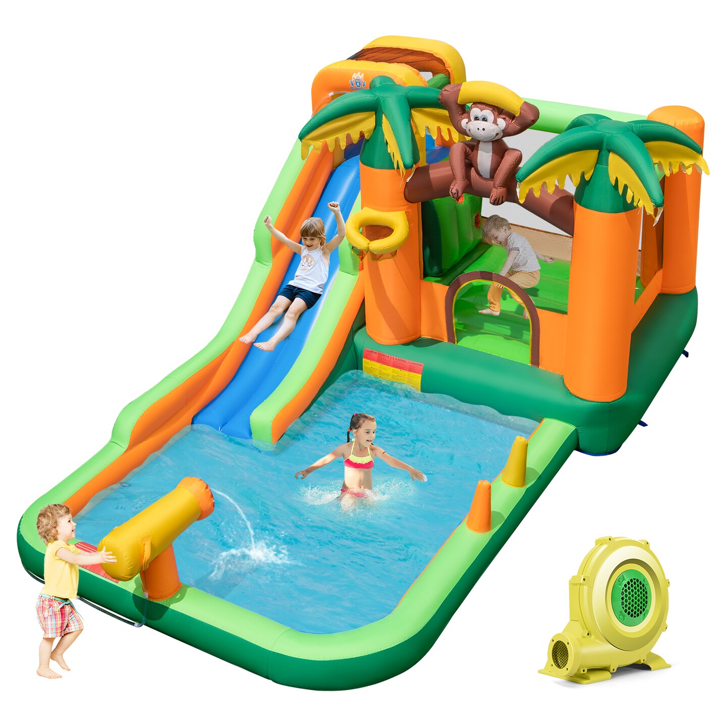 Monkey-themed Inflatable Water Slide with Jumping Area and Pool