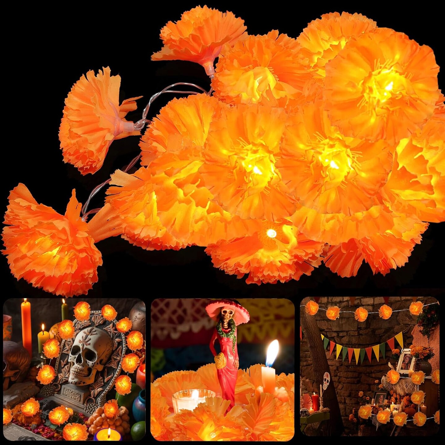 3 Pack Day of The Dead Lighted Marigold Garland 10 LED Artificial Marigold Flowers String Lights Dia de Los Muertos Decorations for Halloween Diwali Indian Party (3, 5 Ft 10 LED)