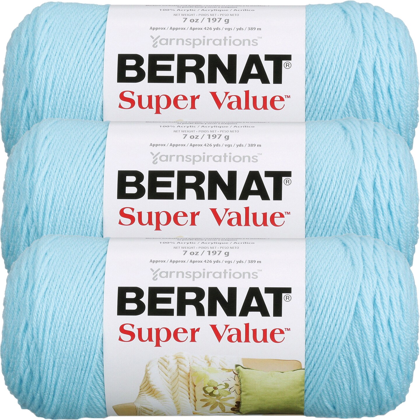 Bernat Super Value Cool Blue Yarn - 3 Pack of 198g/7oz - Acrylic - 4 Medium (Worsted) - 426 Yards - Knitting/Crochet