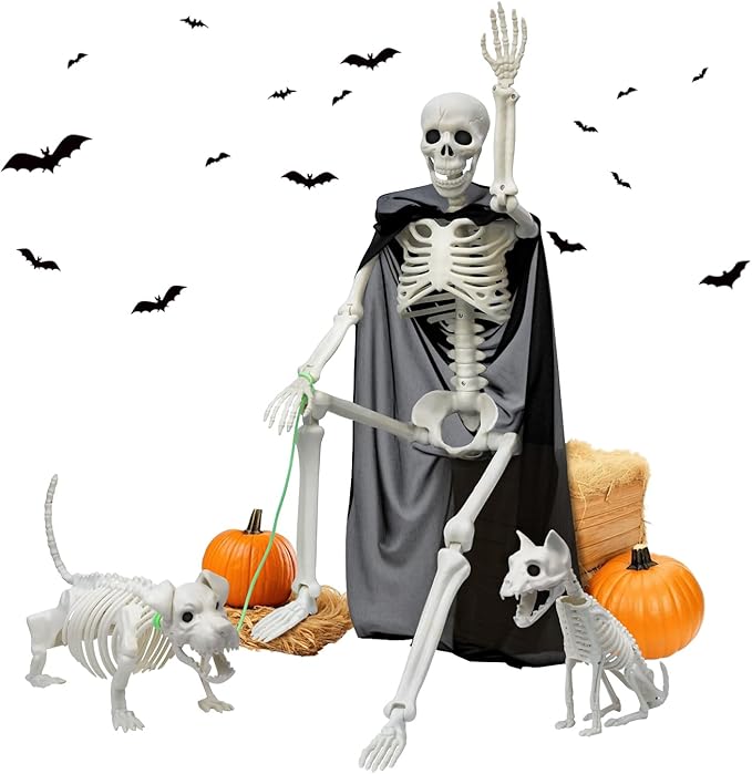 Skeleton Halloween Decorations, 3FT Halloween Posable Skeleton with Dog &#x26; Cat Skeleton - 5 in 1 Creepy Halloween Plastic Movable Joint Skeleton for Halloween Party Yard Decor (36inch)