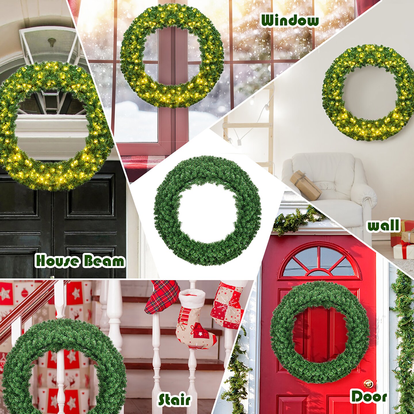 Costway 48&#x27;&#x27; Pre-lit Cordless Artificial Christmas Wreath 714 Tips w/ 200 LED Light&#x26;Timer