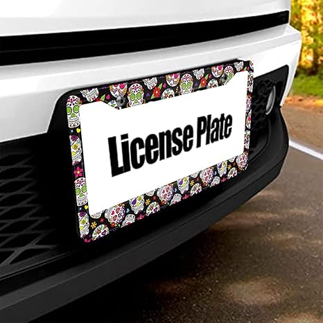 Day of The Dead License Plate Frame Auto Tag Frames Floral License Plates Holder 2 Holes Sugar Skull Gothic Halloween Decorative Car Truck Motorcycle License Plates Cover Tag for Men Women