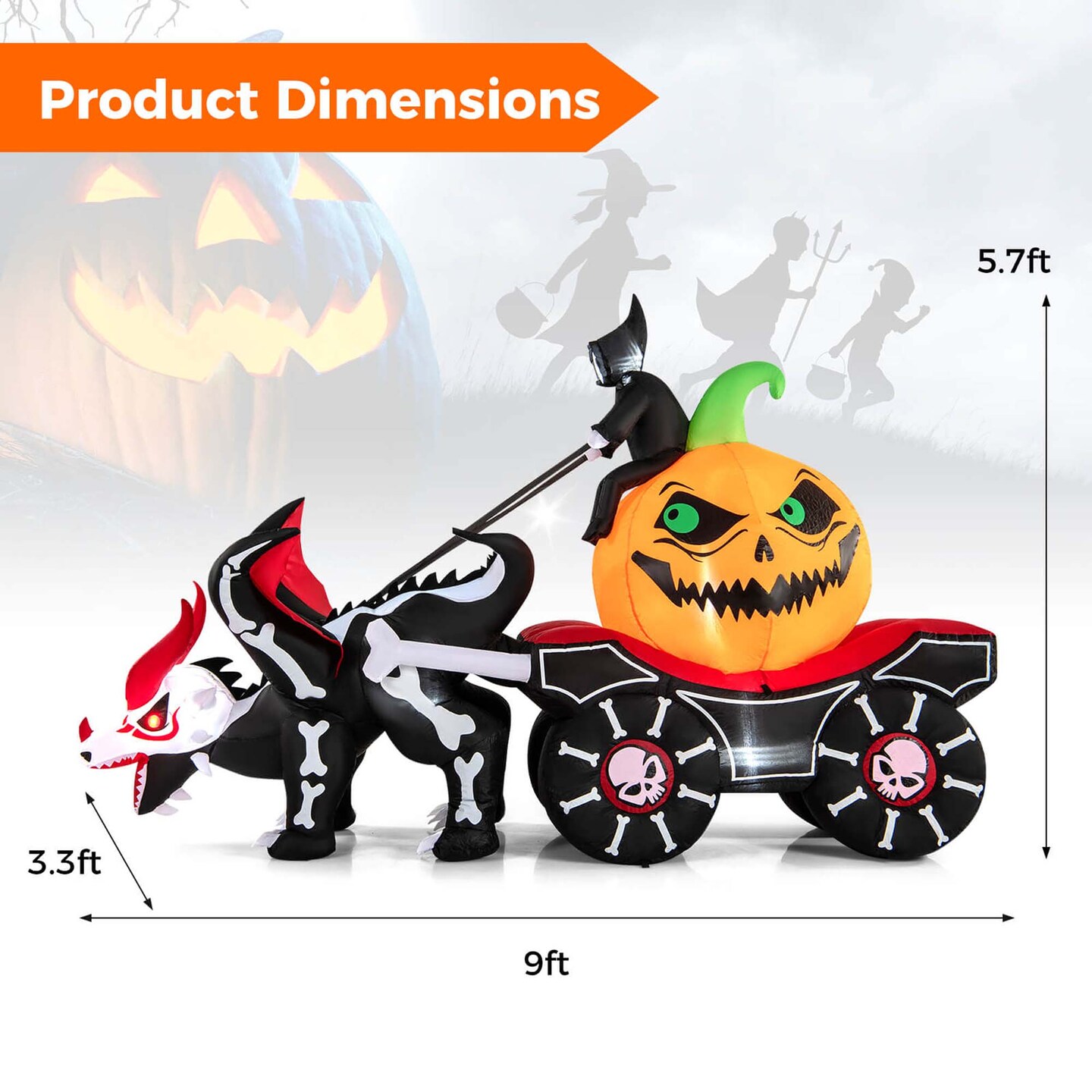 Costway 9 FT Long Halloween Inflatable Decoration Grim Reaper Driving Pumpkin Carriage