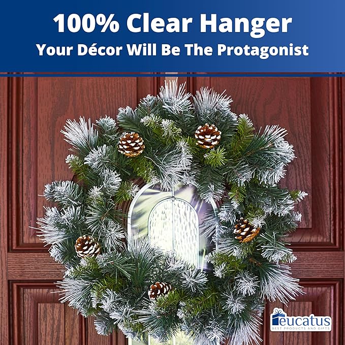 Non Scratch, 100% Clear 12 in Wreath Hanger. Christmas Wreaths Holder for Hanging Fall Halloween Decorations Over Front or Garage Door. Best Long Hook for Indoor or Outdoor Home Decor