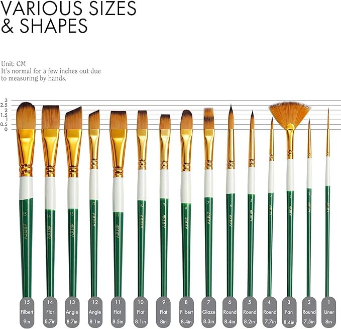 ARTIFY Paint Brushes for Acrylic Painting, 15 Pcs 2024 New Painting Supplies, Artist Paint Brush Set for Watercolor, Oil and Gouache Painting, Green