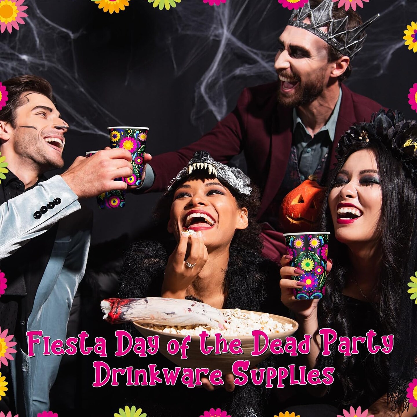 50 Pack Halloween 12 oz Day of the Dead Disposable Paper Cups Mexican Floral Fiesta Coffee Cups Hot Cold Beverage Drinking Cups Disposable Drinkware Supplies for Mexican Cinco De Mayo Birthday Party