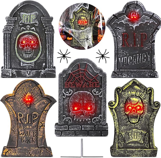 17&#x201D;Rip Tombstones Halloween Decorations with 2 Spiders &#x26; Spiderweb Light Up Headstones for Graves Metal Stakes Indoor Outdoor Scary Yard Sign Vintage Glow In The Dark Cemetery Lawn Decor