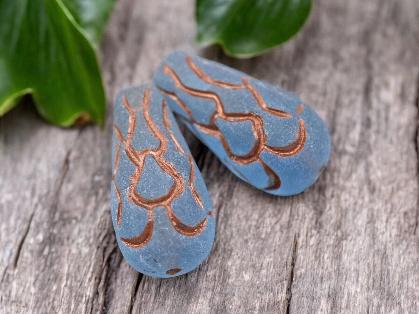 *6* 25x12mm Copper Washed Matte Transparent Capri Blue Mermaid Scale Large Drop Beads