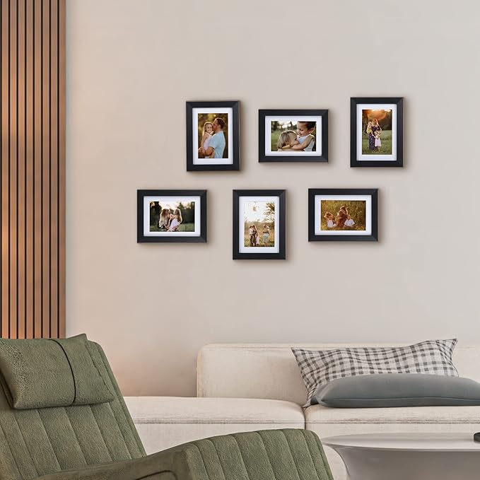 3.5x5 Black Picture Frames Set of 6, Multi Frames Matted to Display Photos 3.5 x 5 with Mat or 4x6 without Mat for Wall and Tabletop