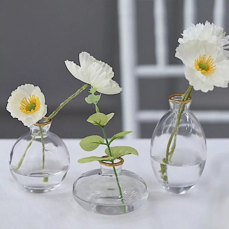 3 Clear Small Glass Flower Vases Centerpieces Metallic Gold Rim Party Events