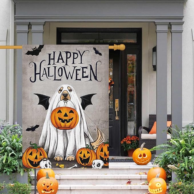 Happy Halloween Garden Flag with Ghost Golden Retriever Dog and Pumpkin 28x40 Inch Large Burlap Yard Holiday Welcome Decor Outdoor Outside House Flag (Only Flag)
