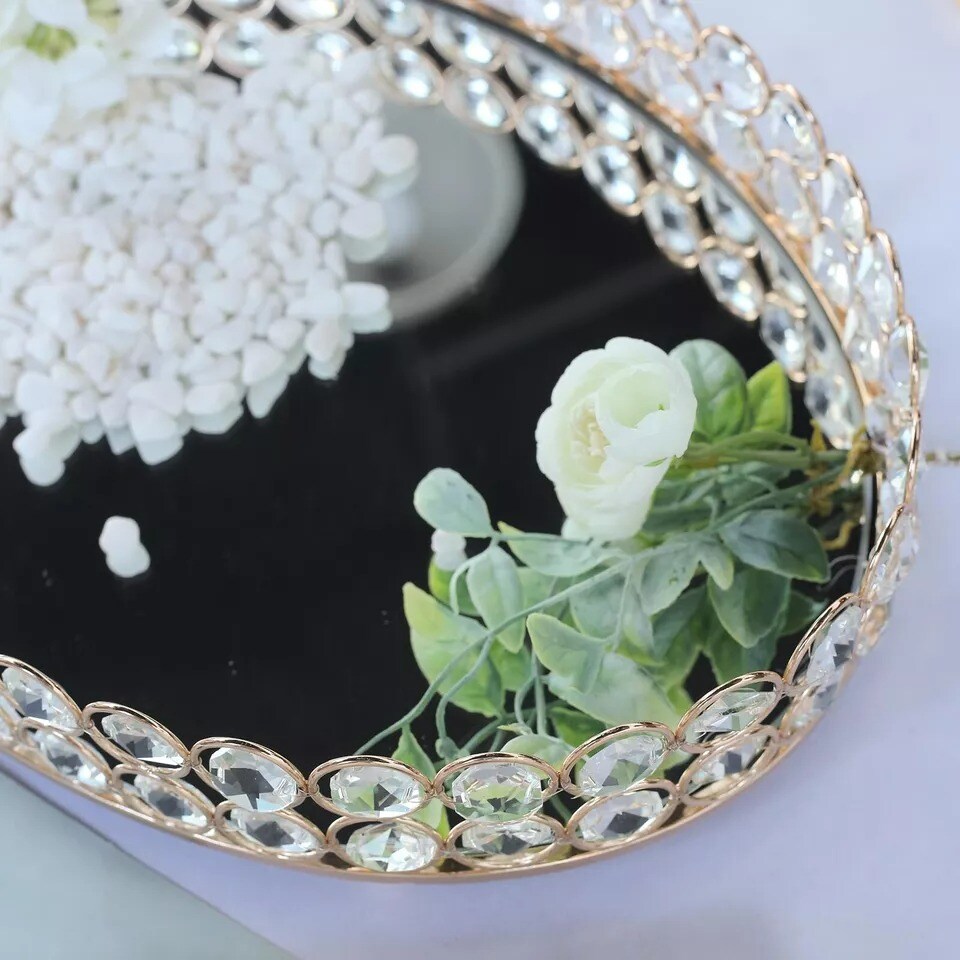 14&#x22;x10&#x22; Gold Metal Crystal Beaded Oval Mirror Serving Tray Wedding Decorations