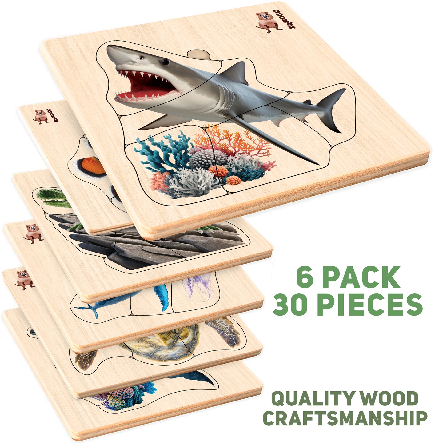 QUOKKA Realistic Wooden Puzzles for Toddlers 1-3 Year Old - 5.9x5.9 Inches Kids Puzzles Ages 2-4 - Ocean Animals Montessori Toddler Toys - Motor Skills Games Gifts for Girls and Boys
