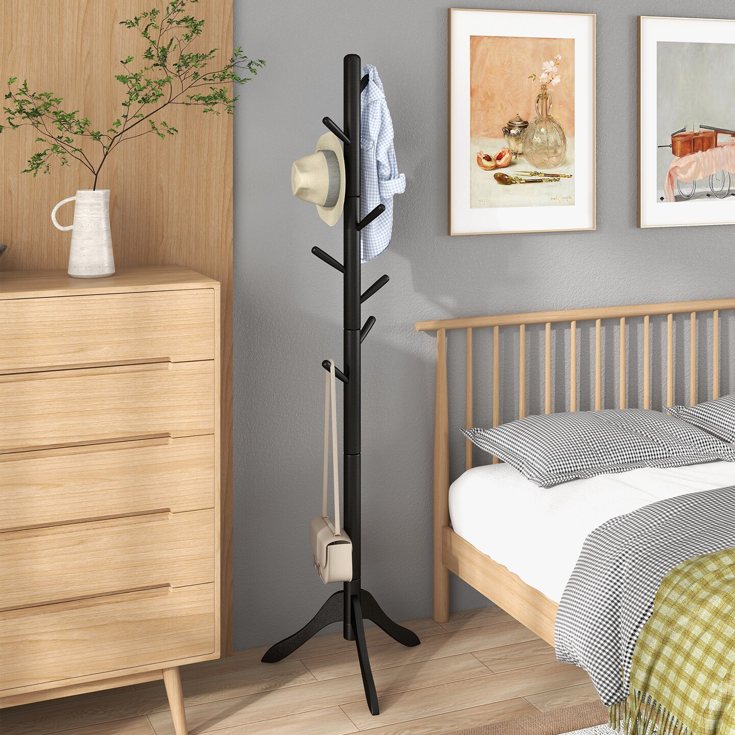 Adjustable Wooden Tree Coat Rack with 8 Hooks