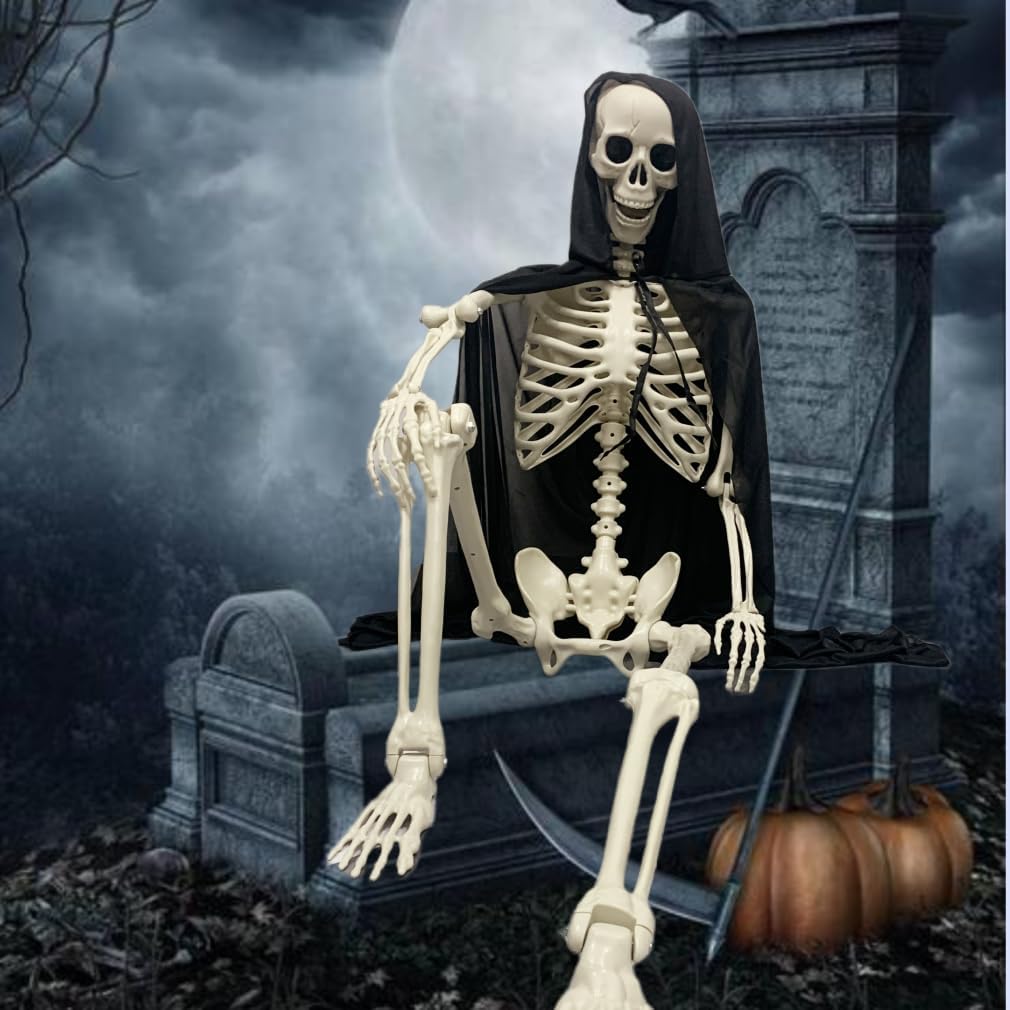 Poseable Full Size Skeleton with Black Cloak