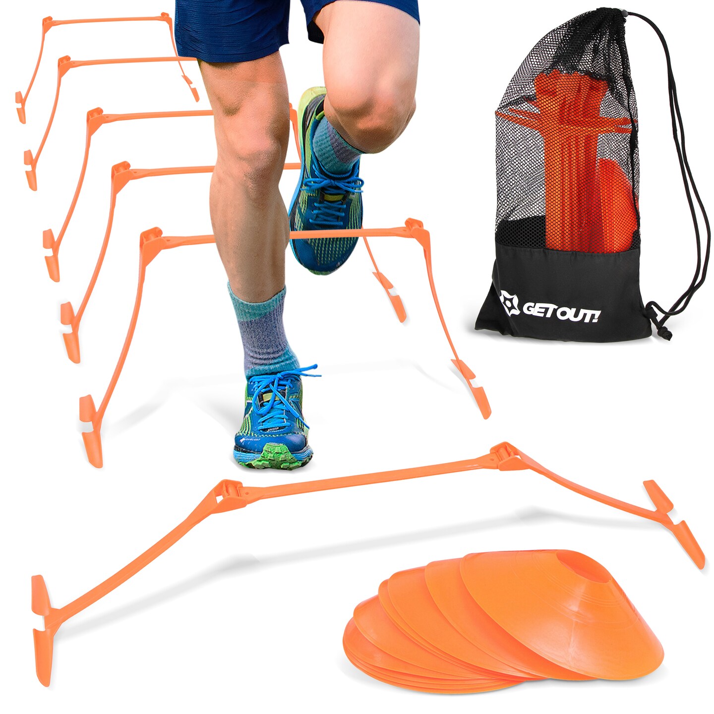 Get Out! Adjustable Hurdles and Cone Set - 6pc Agility Hurdles and 12pc Cones