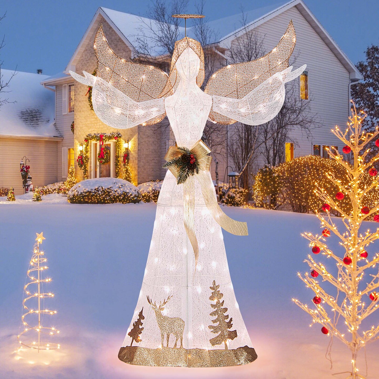 Costway 5 FT Pre-Lit Christmas Angel 3D Glittered Decoration with Halo Bow &#x26; 100 Lights