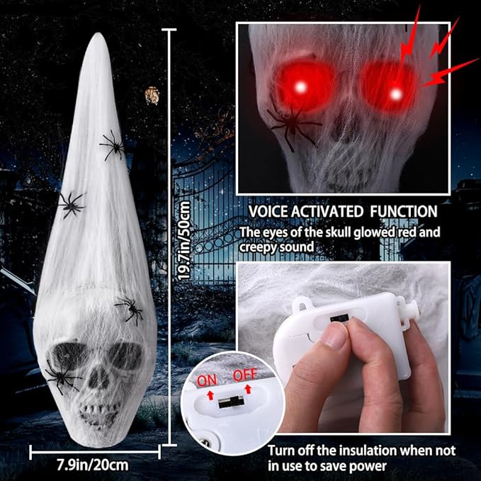 Halloween Outdoor Skull Decorations,20&#x22; Halloween Hanging Skeleton Spooky Voice Activated Decor with LED Red Eyes Spider for Halloween Party Haunted House Props Yard Indoor Outside Decorations