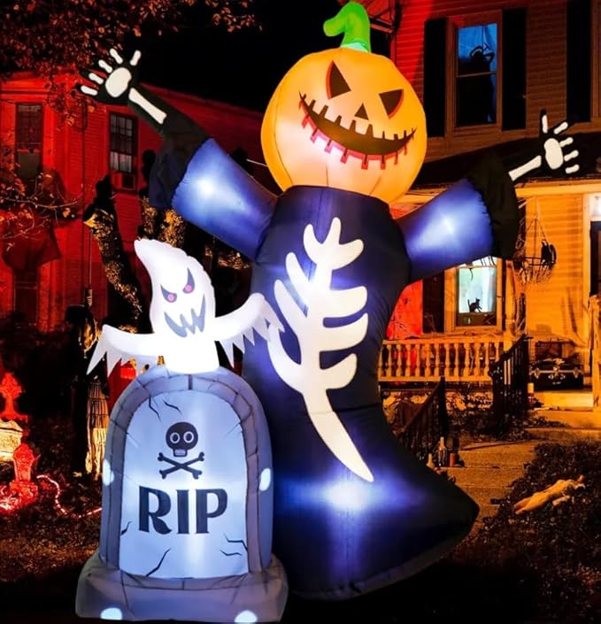 8FT Halloween Inflatable Pumpkin Grim Reaper &#x26; Ghost Tombstone - LED Lighted Yard Decoration