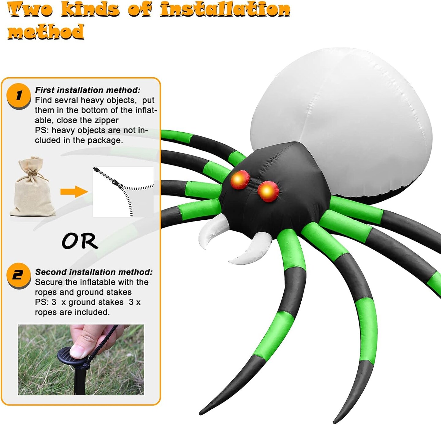 8FT Halloween Inflatables Spider Outdoor Decorations for Yard, Giant Blow up Green Spider with Rotating Fire Flame Light, Large Spooky Spider Props for Halloween Party Garden Lawn House Holiday Decor