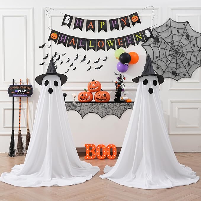 [Timer] 2Packs Halloween Decorations Outdoor, Cute Halloween Decorations Indoor, Spooky Ghost Halloween Decor with Witch Hat, Scary Ghosts Decor with LED Lights for Front Porche Yard Garden Home