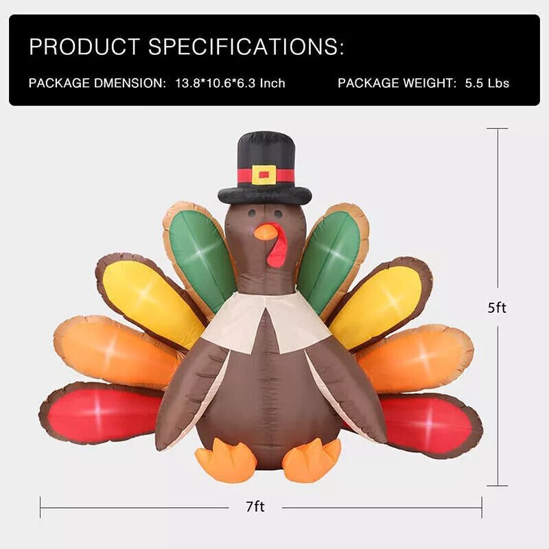 5X7ft High Inflatable Turkey LED Lighted cheapest Airblown Thanksgiving Outdoor Yard Deco