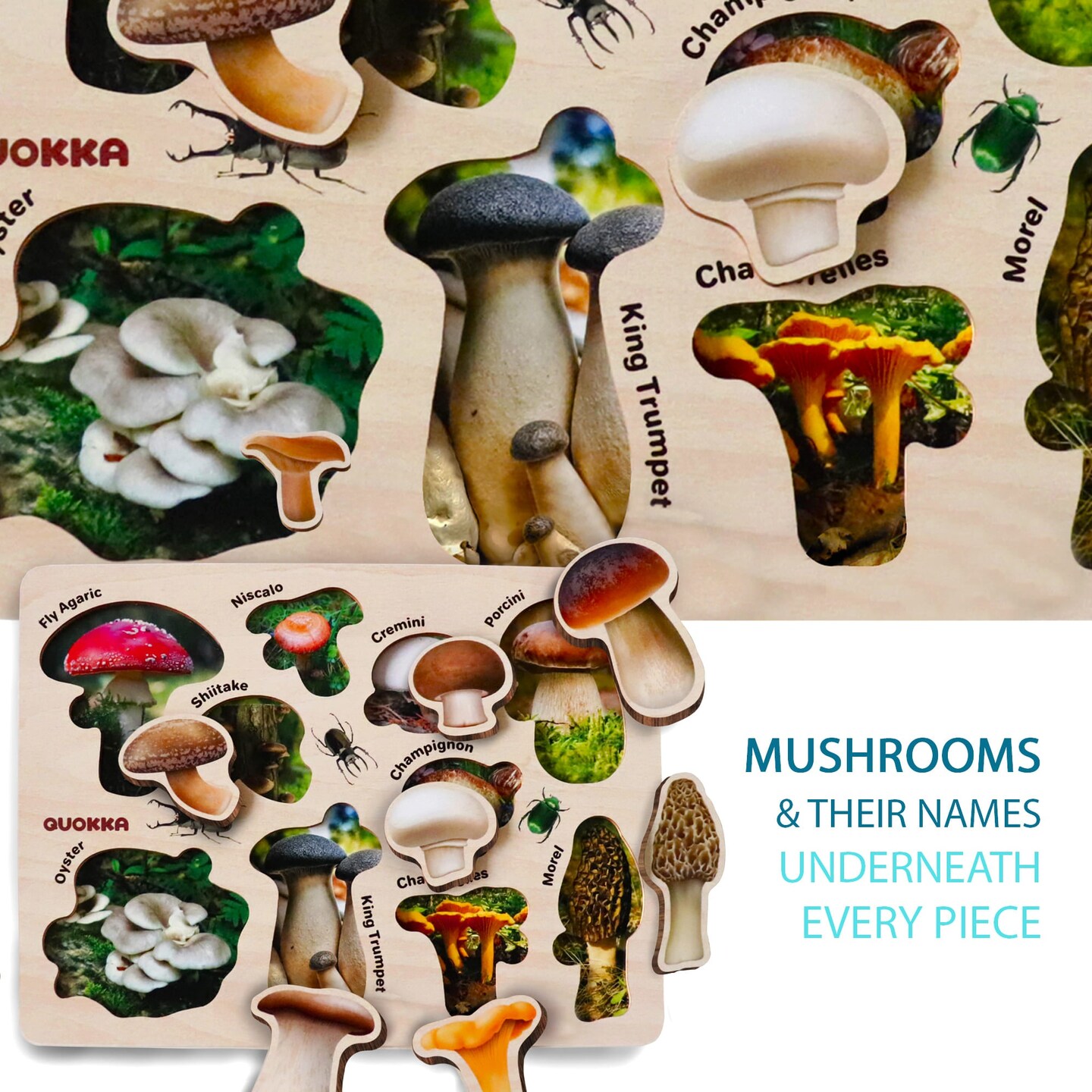 QUOKKA Wooden Puzzles Set for Toddlers | Mushrooms Flowers