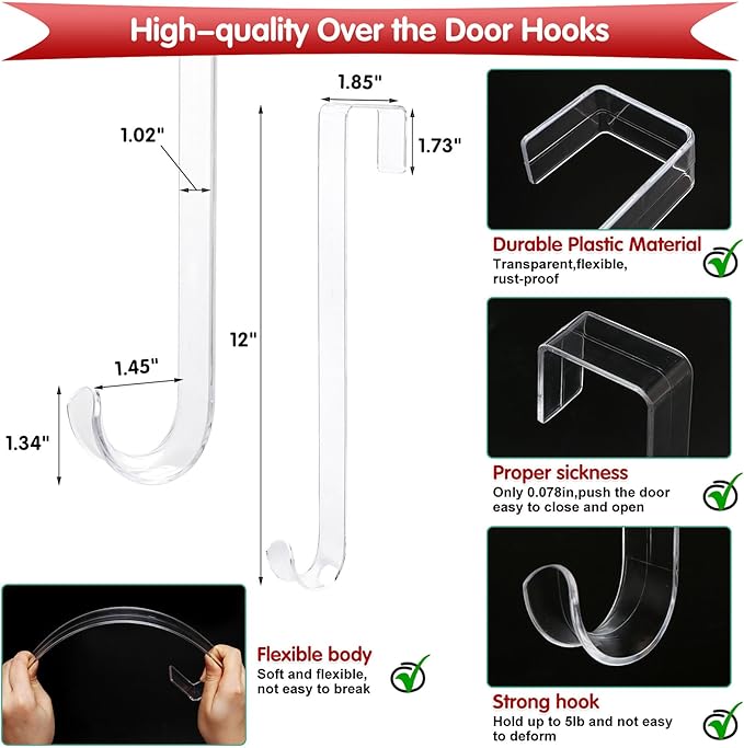 12 in Wreath-Hangers for Front Door,Door-Wreath-Hanger-Clear Over The Door Hooks,2 Pack Non-Scratch-Door-Hanger Hook for Easter Christmas Halloween Fall Wreath Decorations,Welcome Sign for Front Door