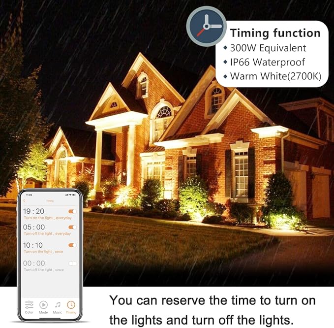 Led Flood Light 300W Equivalent 3000 LM, Outdoor Color Changing Led Stage Landscape Lights, Bluetooth RGBW Smart Floodlights 2700K &#x26; 16 Million Colors&#x26;Timing&#x26; Music Sync, IP66&#xFF0C;US 3-Plug (2 Pack)
