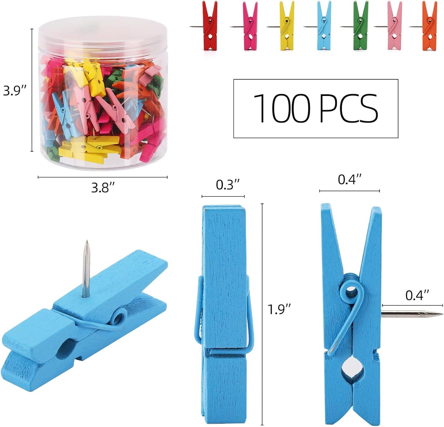 100 Pcs Push Pin with Wooden Clips Colorful Push Pin Clips,Decorative Push Pins for Cork Board Artwork
