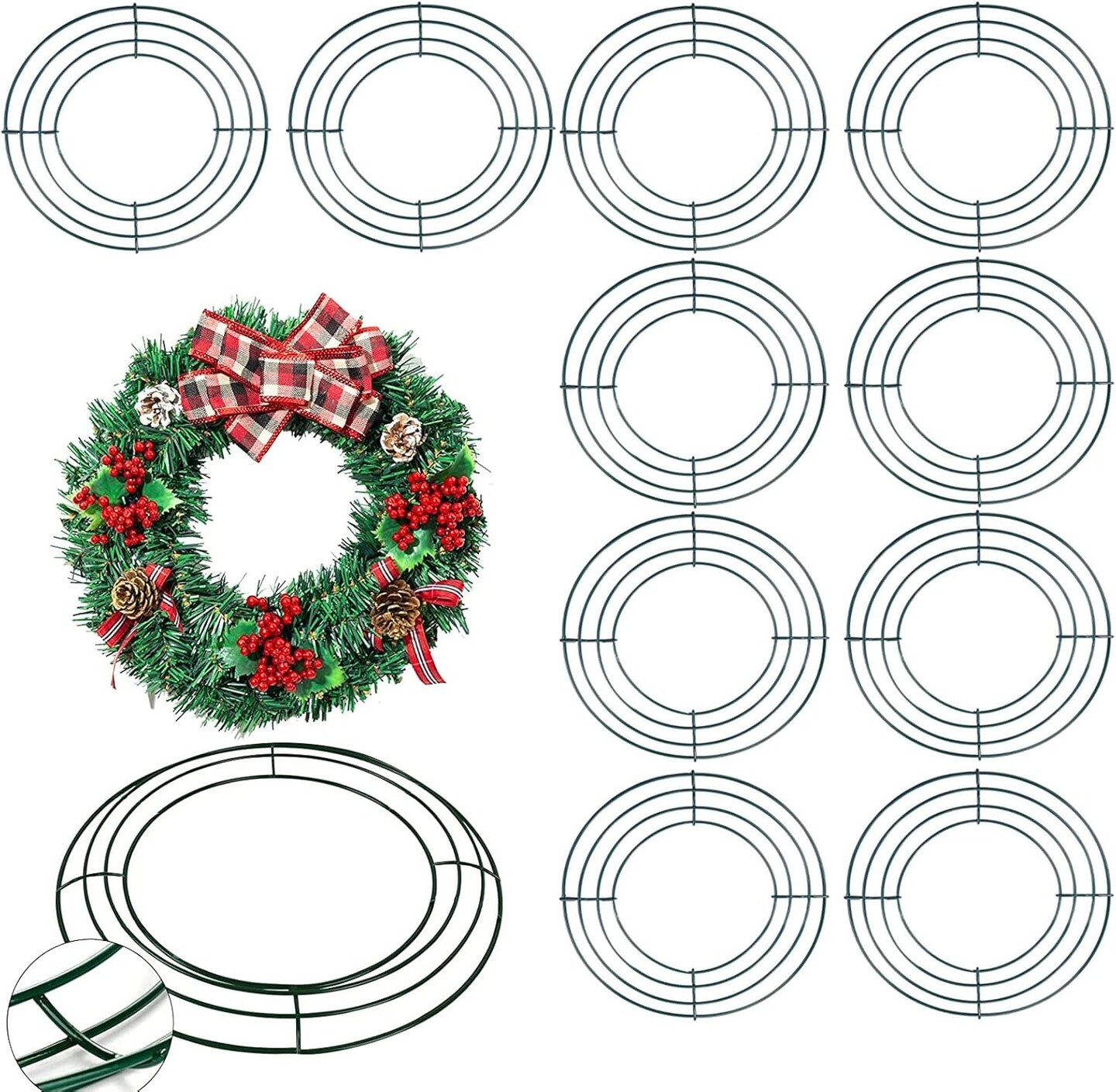 10pcs Metal Wreath Frame, 10IN Durable Wire Wreath Rings, Dark Green Flower Wreath Frame for Christmas New Year Party Valentines Home Decor DIY Crafts Supplies