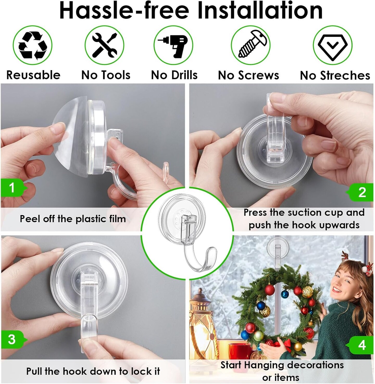 Clear 22 LB Strong Suction-Cup Wreath Hooks/Hanger - 2 Pack Door Hanger, Welcome Sign for Front Door Indoor/Outdoor, Removable Wreath Holder for Window Glass