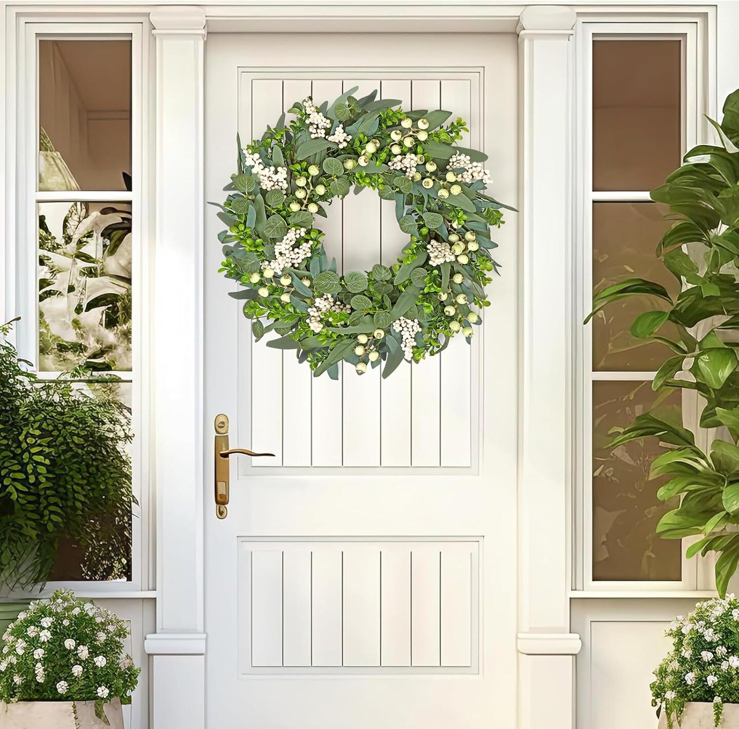 Green Eucalyptus Wreath for Front Door, 20 Inch Artificial Eucalyptus Leaves Wreath with Big Berries Boxwood Spring Greenery Wreath Decor