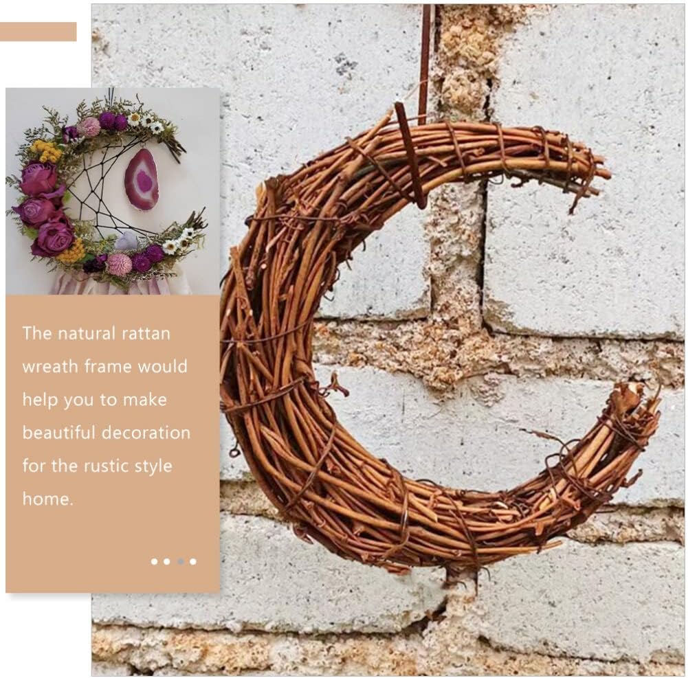 2pcs Moon Shape Wreath frame for DIY Crafts, Grapevine Wreaths Rattan Ring Vine Branch Wreath for Home Holiday Wedding Party, 9.8 Inch