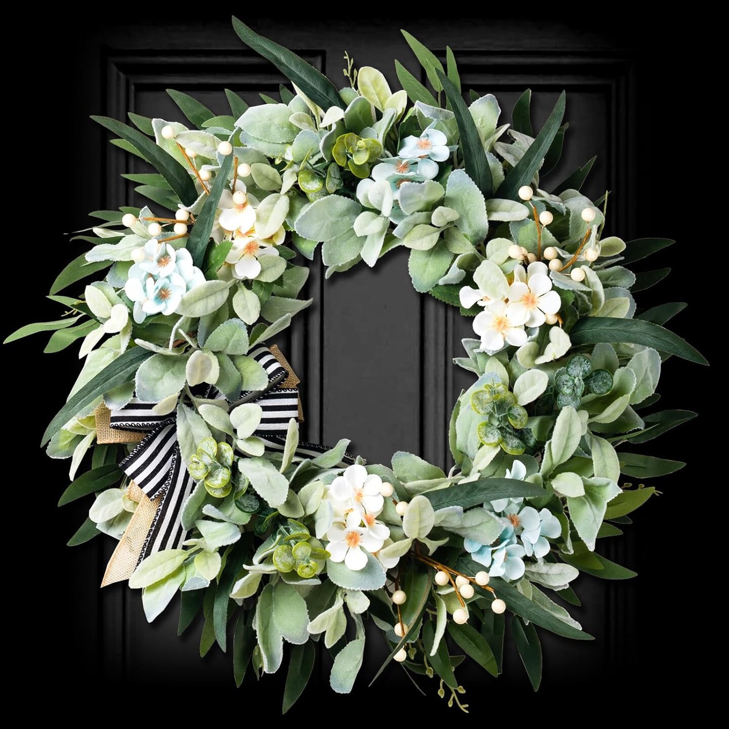 Lambs Ear Wreaths for Front Door Year Round, 20 Inch Green Artificial Wreath for Spring Summer Farmhouse Porch Indoor Outdoor Decor