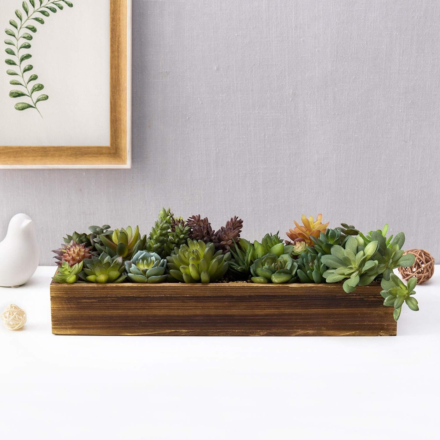 Artificial Succulent Centerpiece, 15.75 Inch Faux Succulents Arrangement Plants in Rustic Burnt Wood Rectangular Planter Box