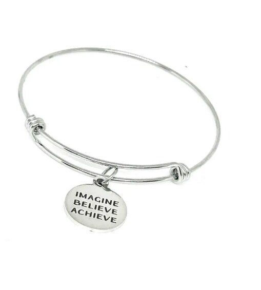 Imagine Believe Achieve Stainless Steel Bracelet Inspirational Adjustable Bangle With 19mm Charm Motivational Gift For Women Or Teens MakerPlace by