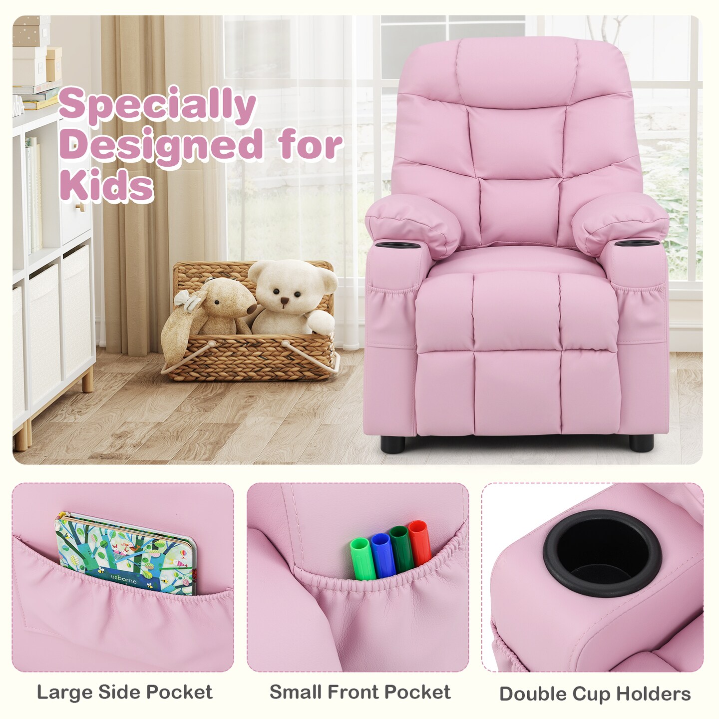 Light Pink PU Leather Kids Recliner Chair with Footrest and Storage