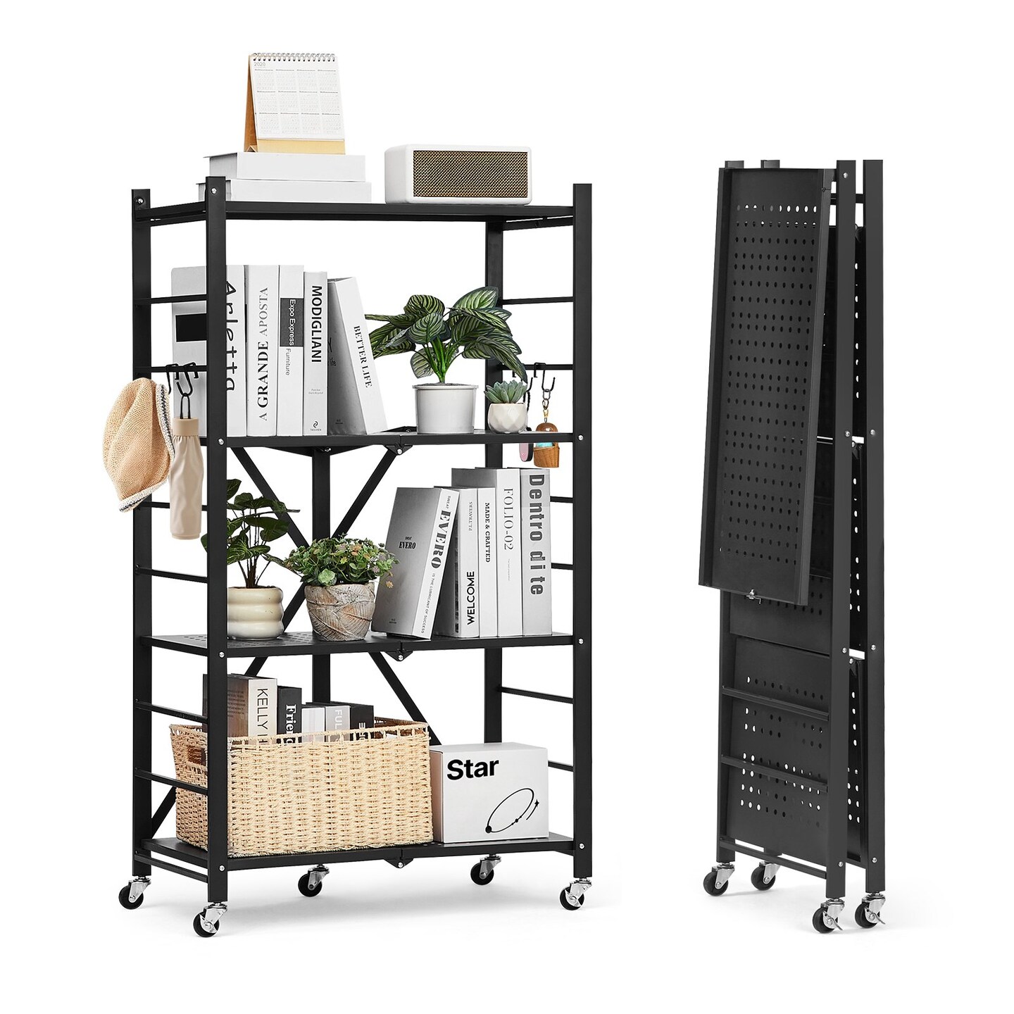 Black Carbon Steel 4 Tier Foldable Garage Storage Shelf with Wheels