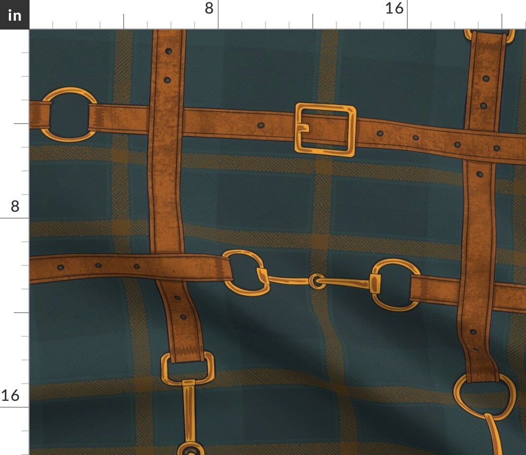 Classic Plaid Autumnal Traditional Tack Room Horse Vintage Americana Equestrian Bridle Horse Bit Leather Country Club Navy Green Brown Tartan Custom Printed Fabric by Spoonflower Various Fabrics by the Yard or Fat Quarter