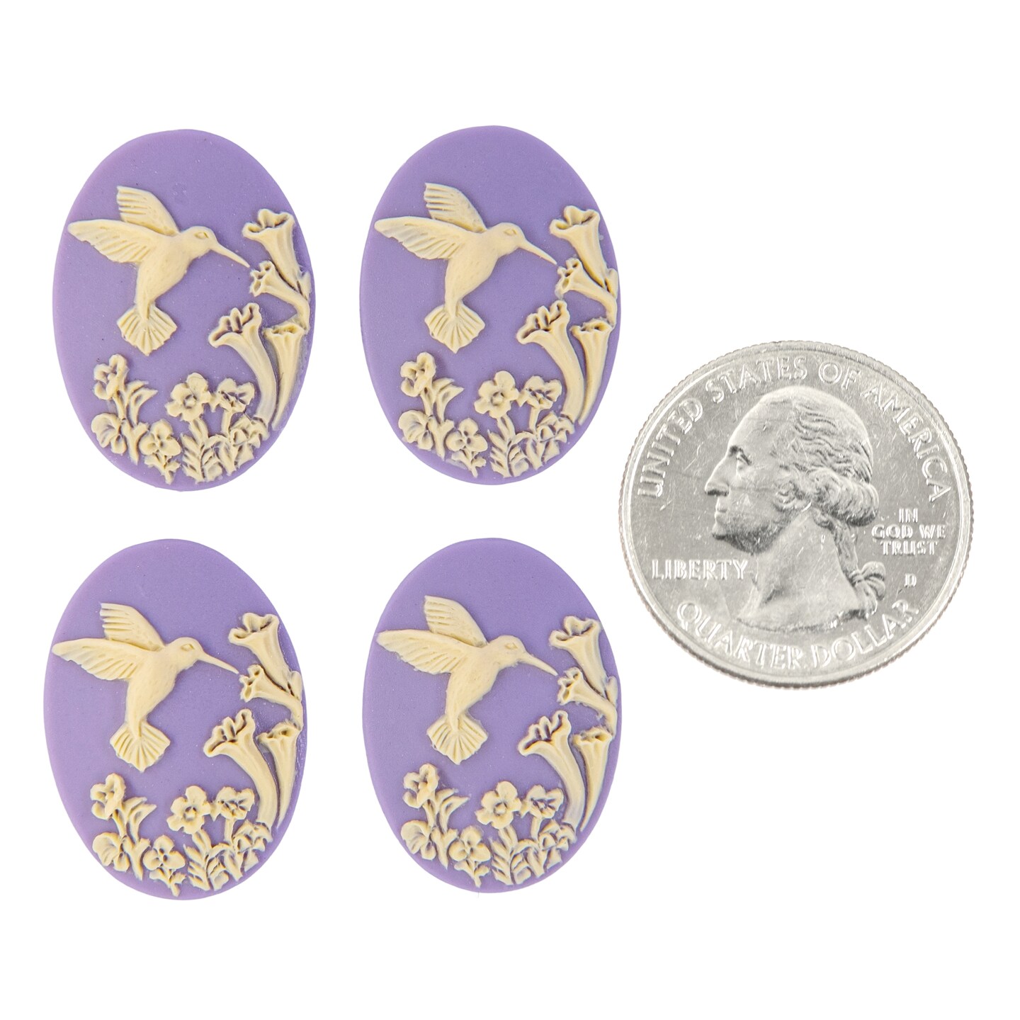 Hummingbird 24x18mm Cameos - Cream and Lavender Resin Cameos - Set of Four - CAM360