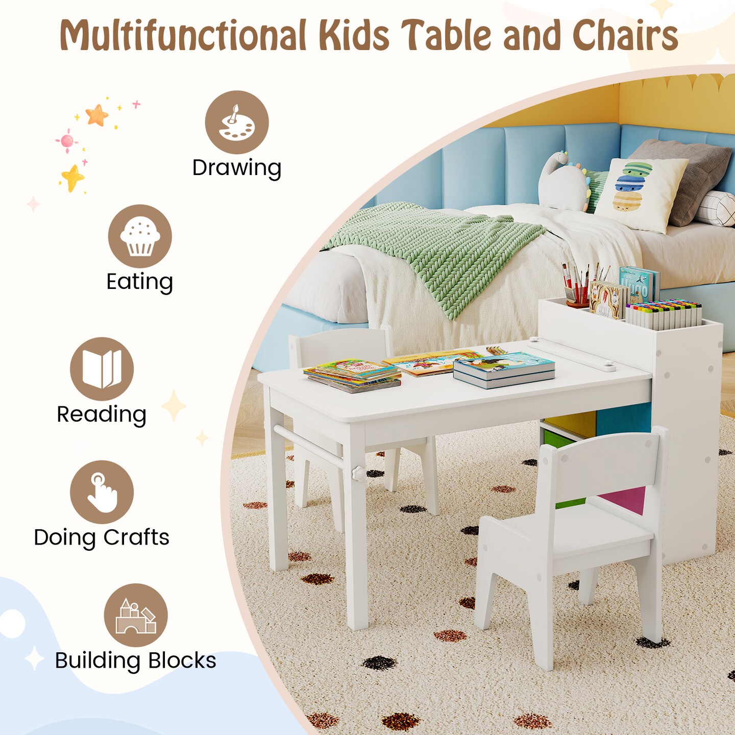 White MDF Metal Kids Art Table and Chair Set with Storage and Paper Roll