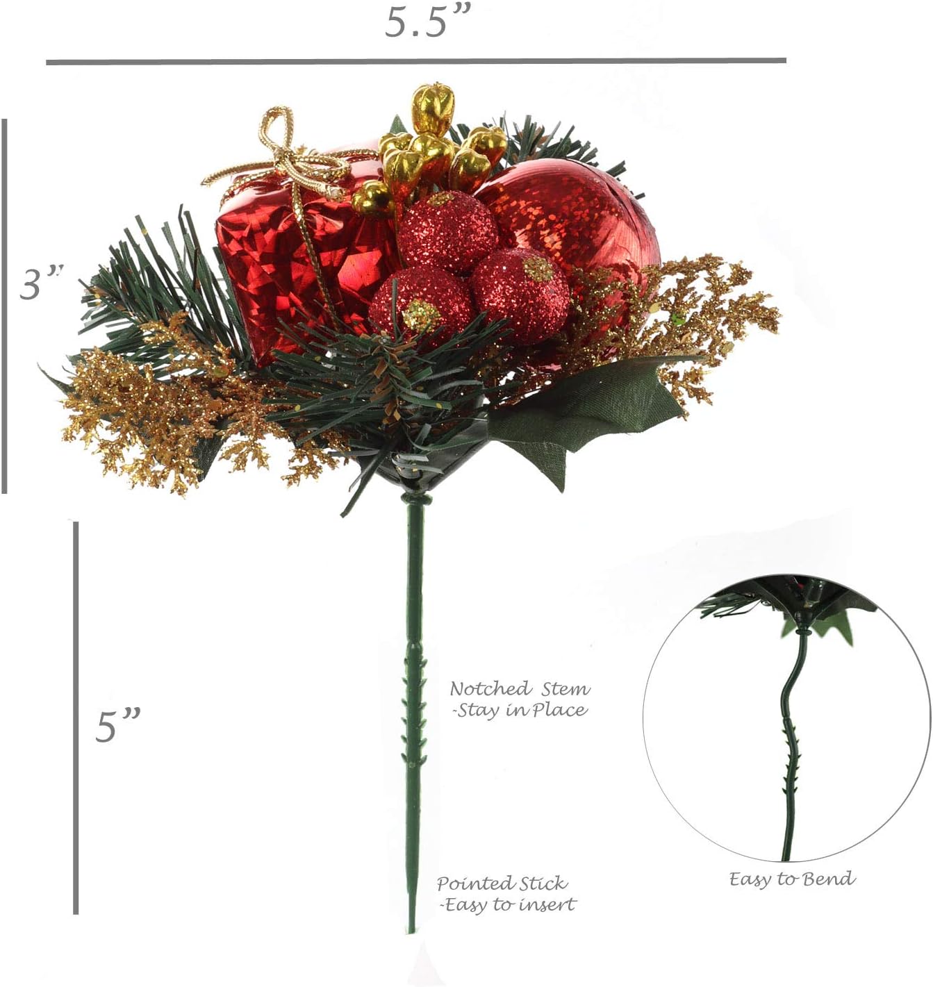Set of 24: Traditional Red &#x26; Gold Holly Pick with Gift Box, Berries, &#x26; Ornament Balls | Festive Accents | Christmas Picks | Party &#x26; Event | Home &#x26; Office Decor - 2024 Christmas Collection, Floral Home by Artificial Flowers