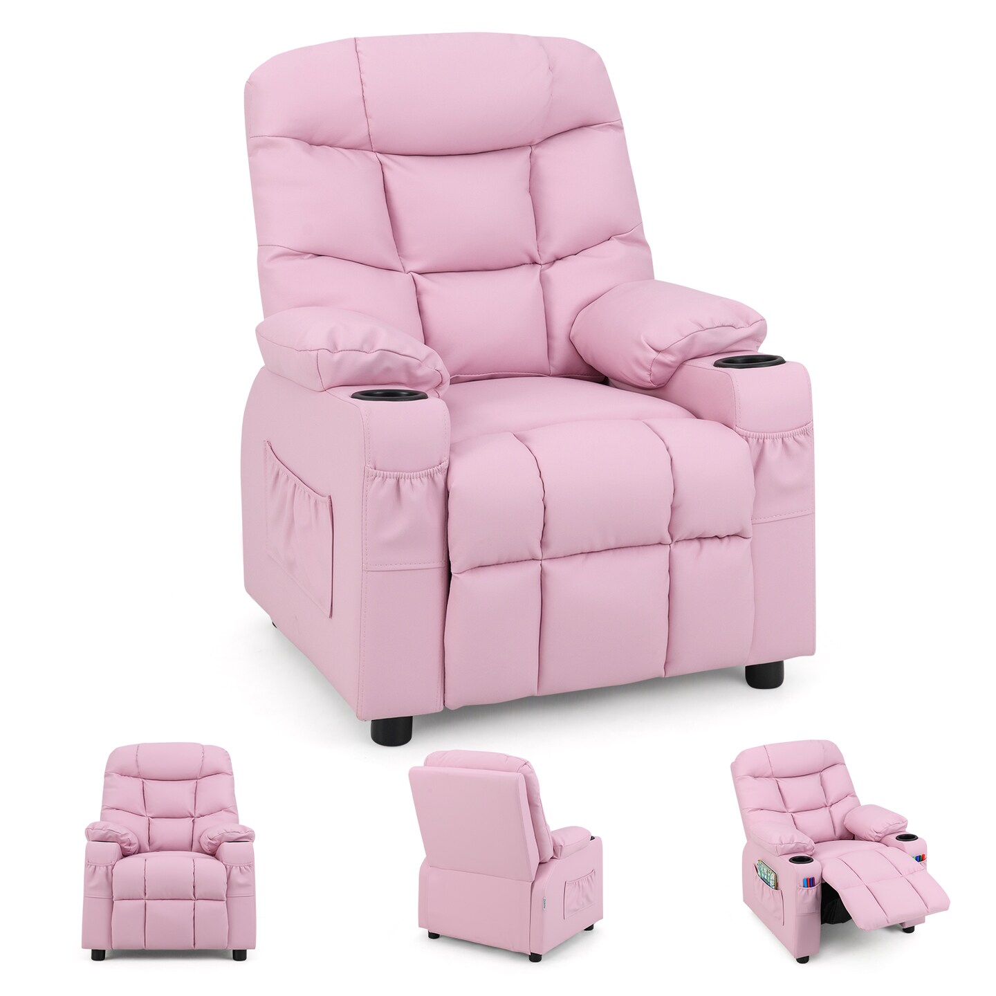 Light Pink PU Leather Kids Recliner Chair with Footrest and Storage