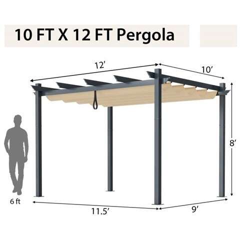 Modern 10x12 Ft Outdoor Pergola Gazebo with Retractable Beige Canopy and Aluminum Frame