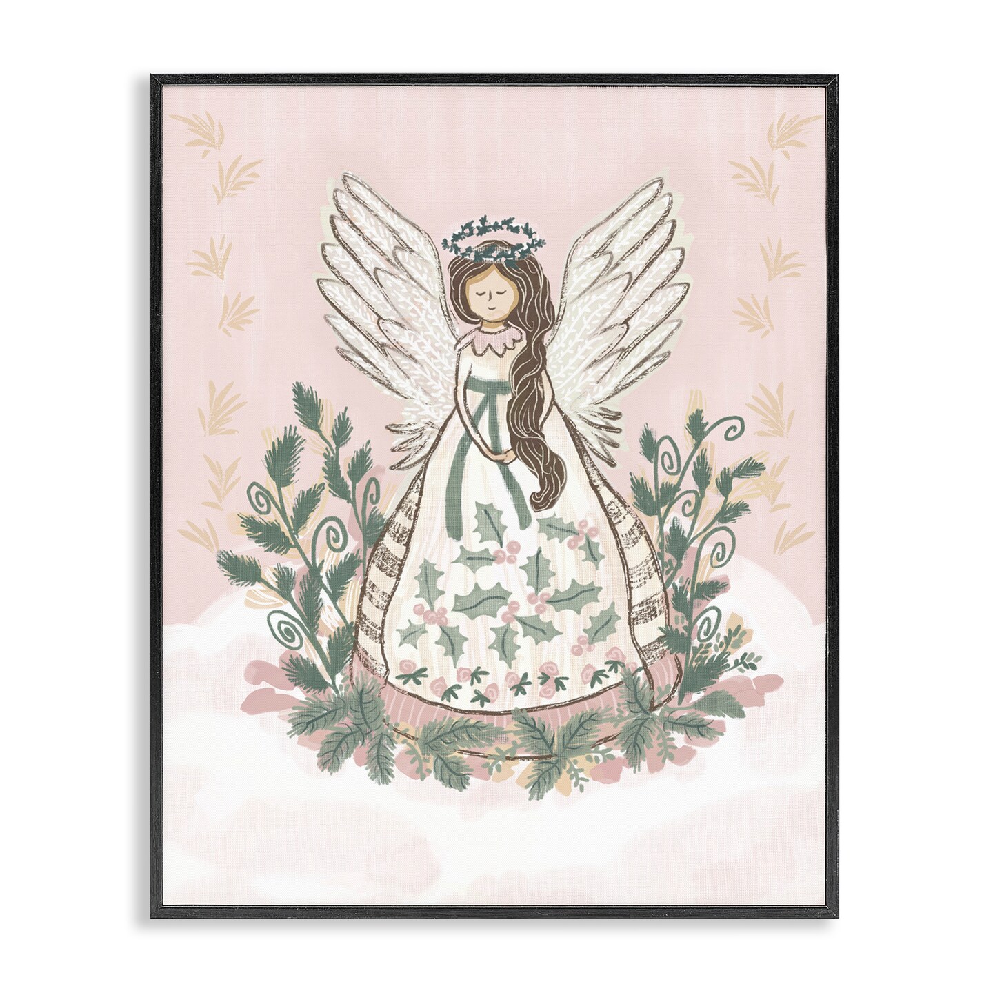 Stupell Industries Christmas Angel with Botanicals  Black Framed Giclee Art, design by Connie Summers